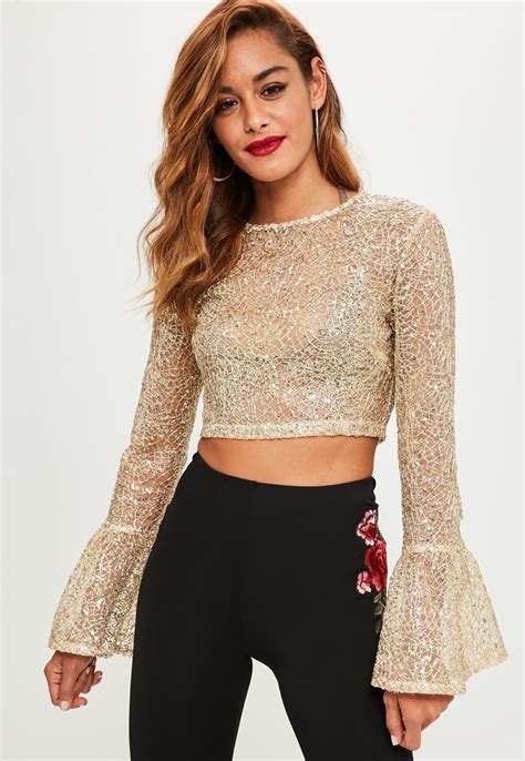 Sequined silk crop top in metallic 